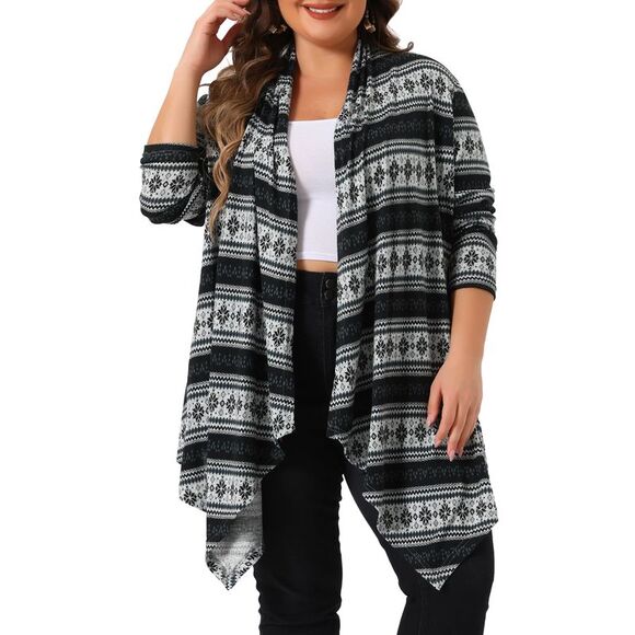 Plus Size Front Open Cardigan Lightweight Boho Striped Sweaters Black - Picture 1 of 6